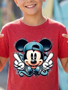 Disney Mickey Mouse Youth XL Red T-Shirt - Hip Hop Graffiti DJ Graphic Tee